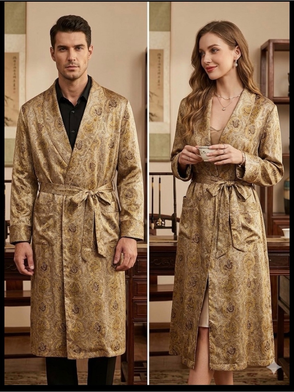 ViTG Asian Silver Lake Paisley Unisex  Satin Gold Brown Pagoda Embroidered Robe